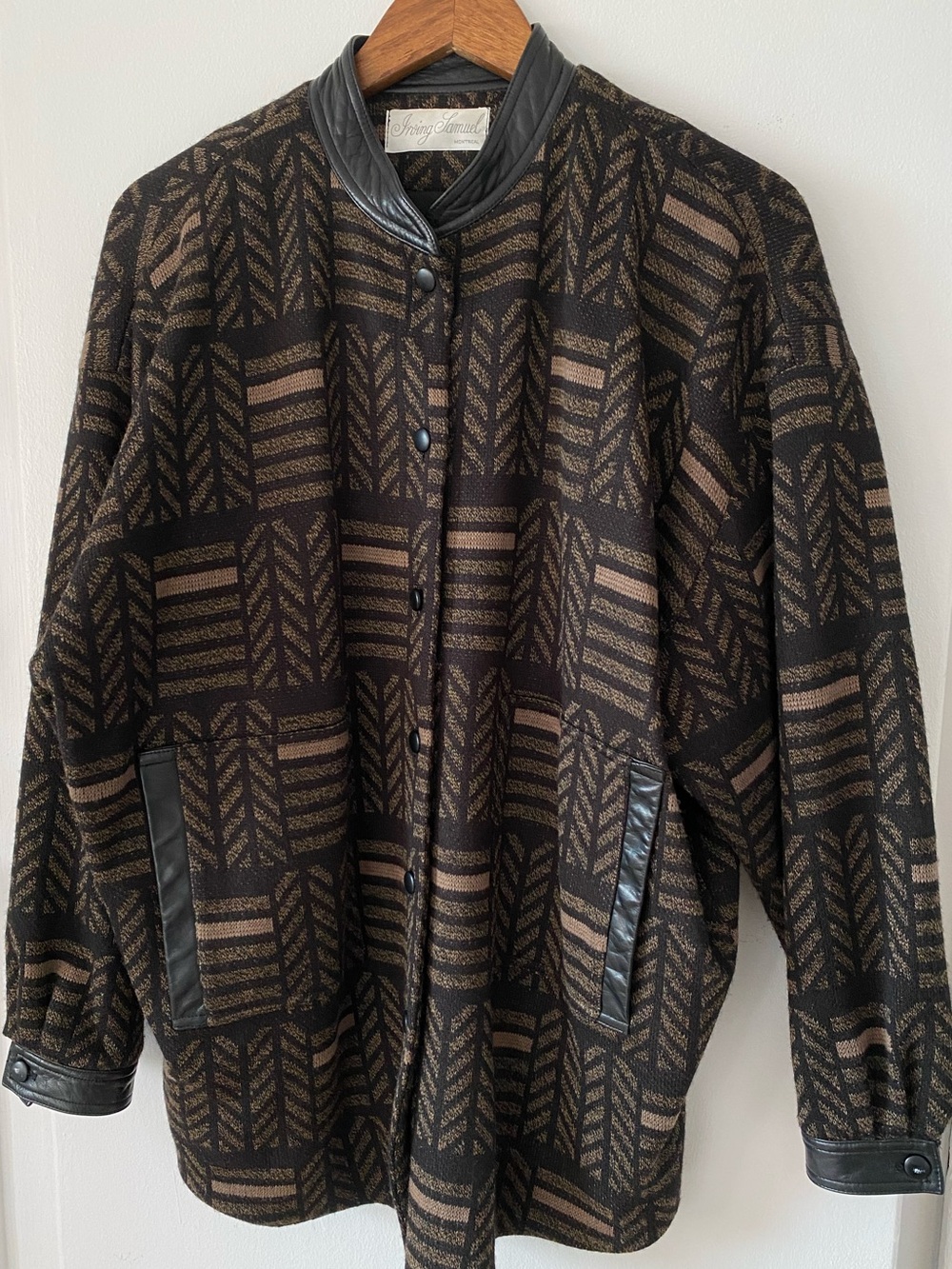 Vintage Wool and Leather Black & Brown Patterned Boxy Bomber Men's Jacket
